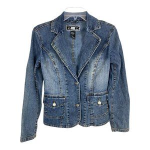 Womens Denim Jacket Size XS V Neck Button Up Pockets Blue Denim Cardigan